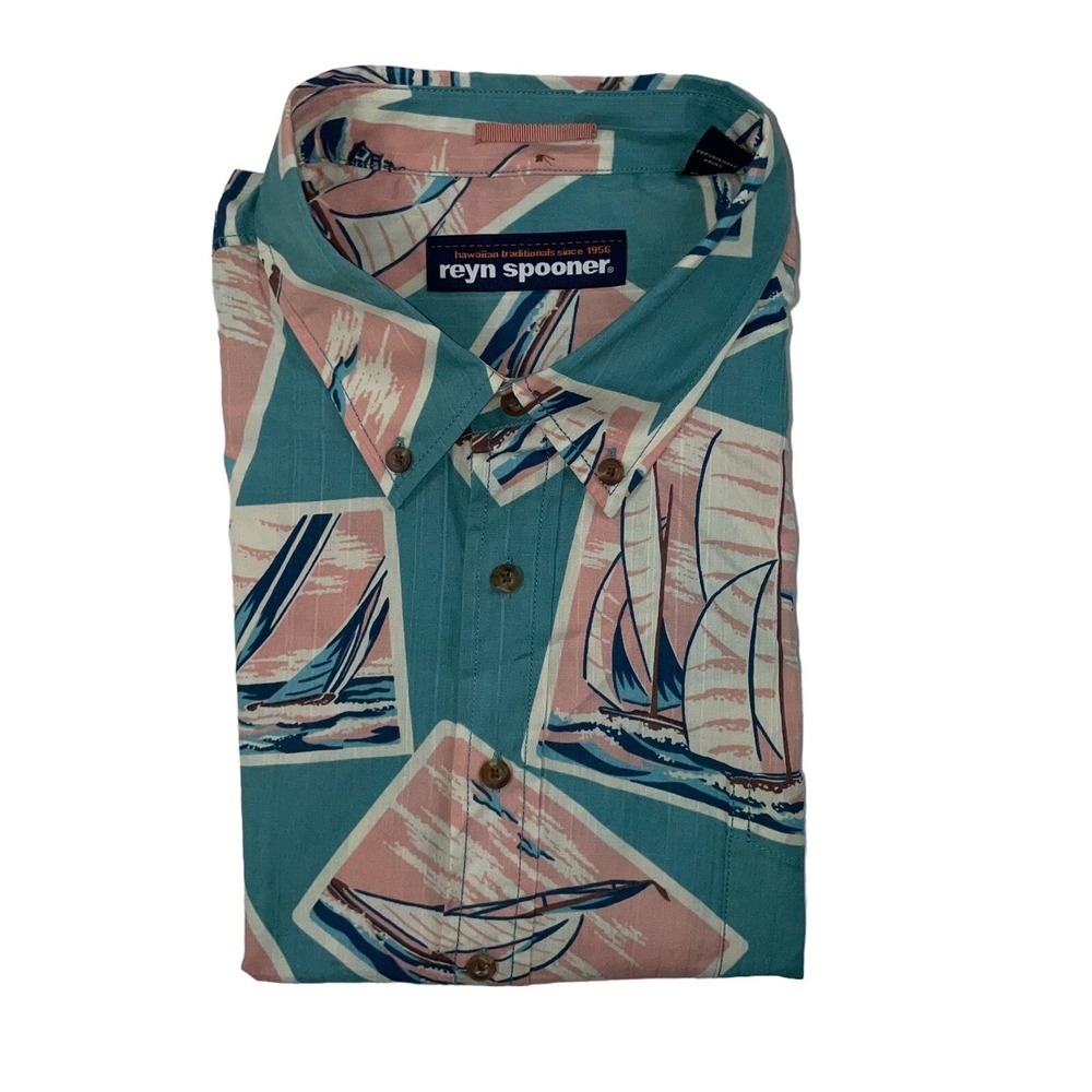 Reyn Spooner Blue Pink Sailboat Postcard SS Button Front Shirt Mens 2XL XXL